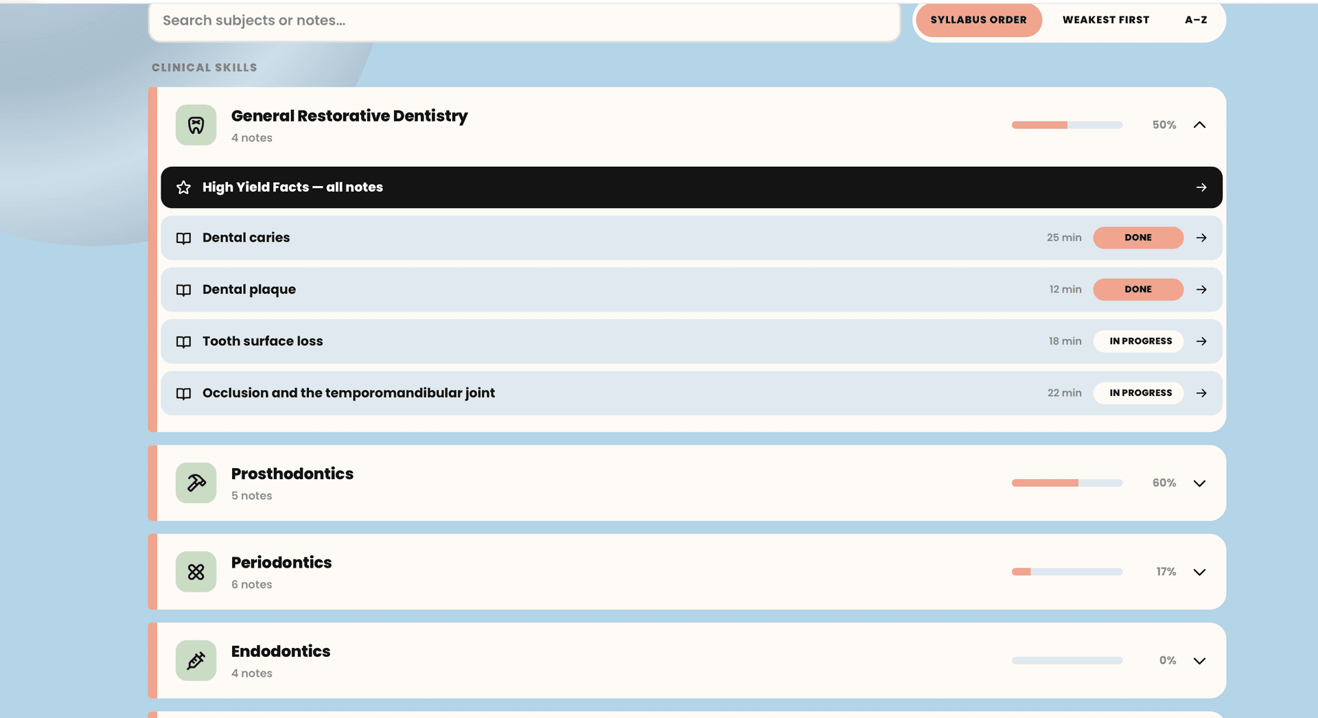 Subject list showing per-subject progress and a note's High Yield Facts